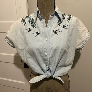 Light Denim Button Down Embroidered Bird and Leaves Neckline Tie Crop Top